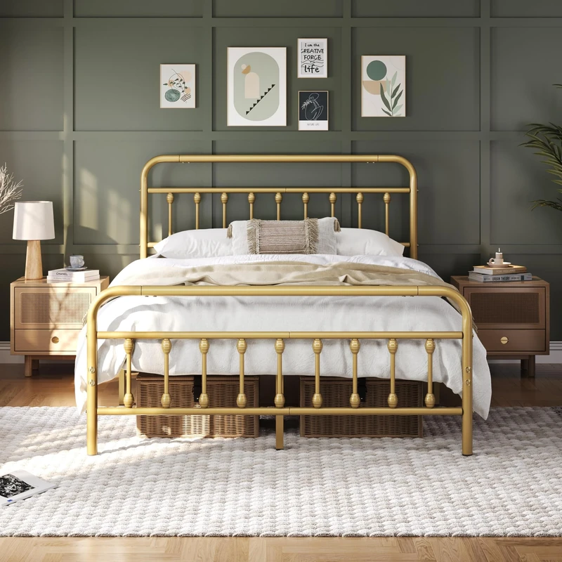 Yaheetech 5ft King Bed Frame Vintage Iron Platform Bed with High Headboard and Footboard, Strong Metal-Framed Bed with Storage Antique Gold