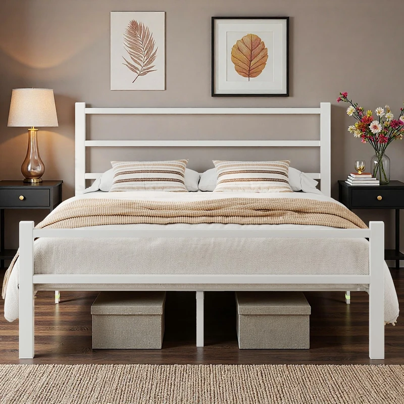 Feonase Double Bed Frame, Metal Platform Bed Frame, Double Beds Solid Bedstead Base with Headboard and Footboard, Sturdy Steel Construction, Under-bed Storage, Easy Assembly, Noise Free, White