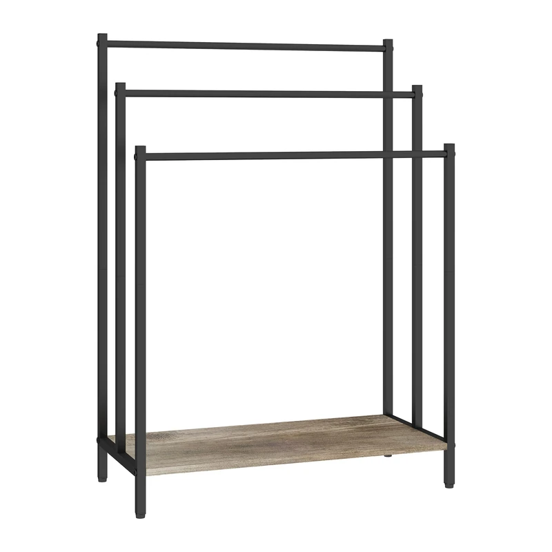 Relaxdays freestanding towel rack with shelf, wood-effect, 3 bars, 81x60x28 cm, natural/black