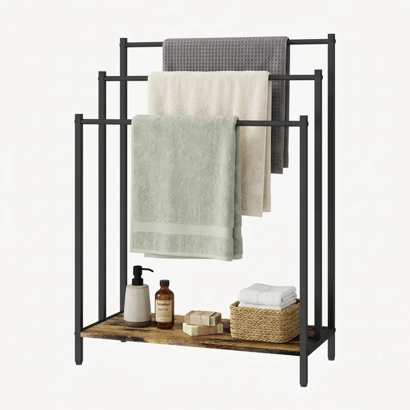 Relaxdays Industrial Towel Rack with Shelf, 81x60x28cm, 3 Bars, Dark Brown/Black