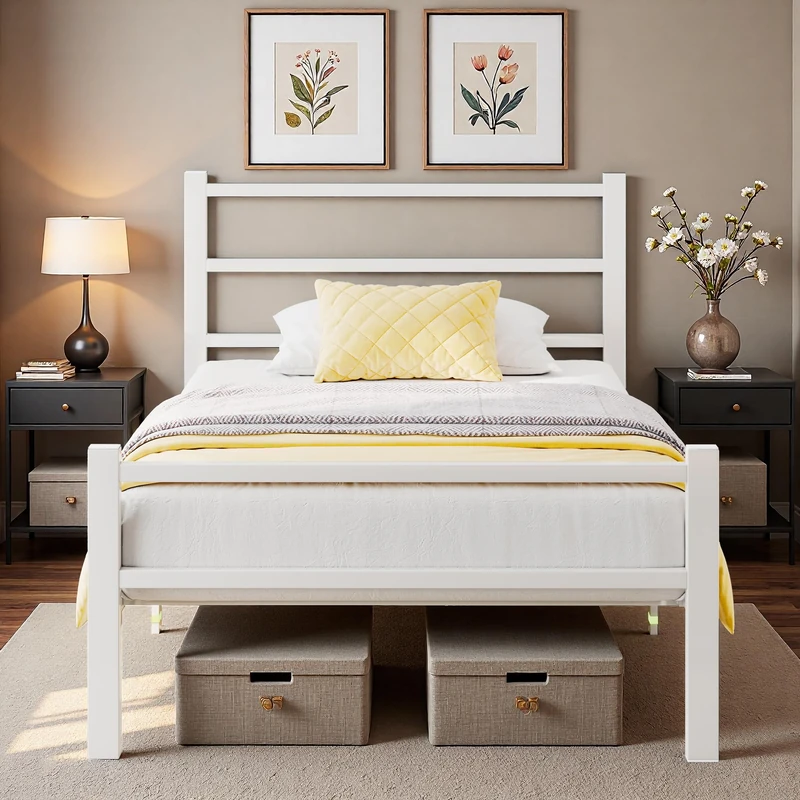 Feonase Single Bed Frame, Metal Platform Bed Frame, Single Beds Solid Bedstead Base with Headboard and Footboard, Sturdy Steel Construction, Under-bed Storage, Easy Assembly, Noise Free, White