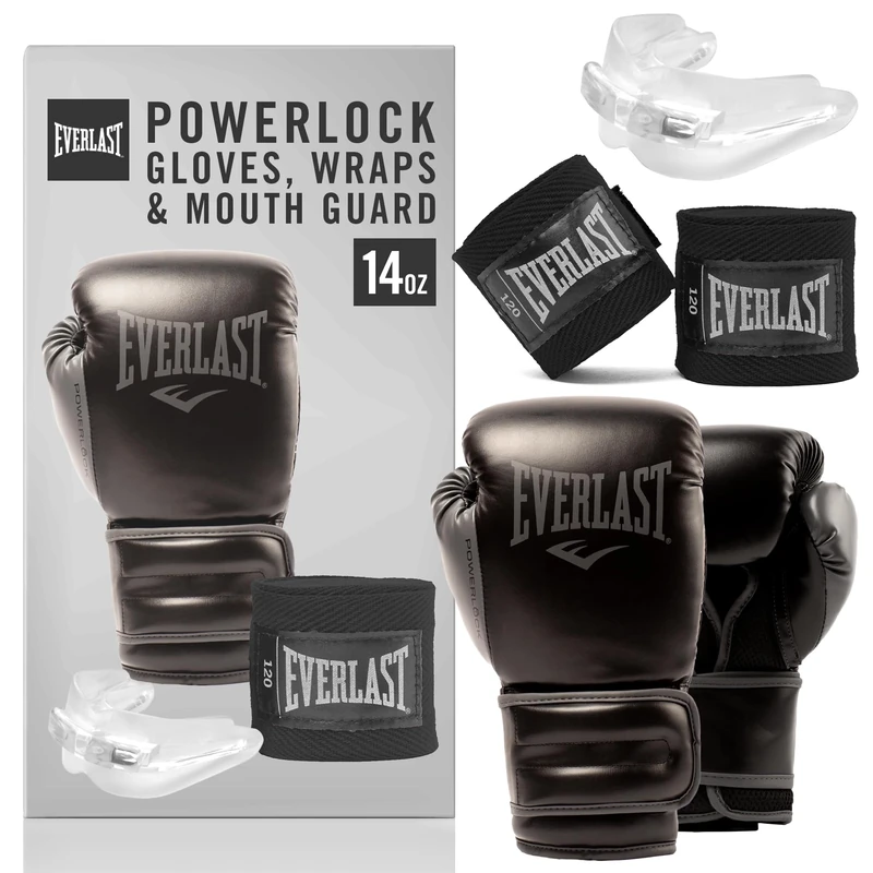 Everlast Powerlock Boxfit Kit (14oz Boxing Gloves, Hand Wraps and Double Mouth Guard) Grey/Black Boxing Gloves for Bags and Sparring, Hook and Loop, Quad-Layered Foam - Authentic Everlast Gear