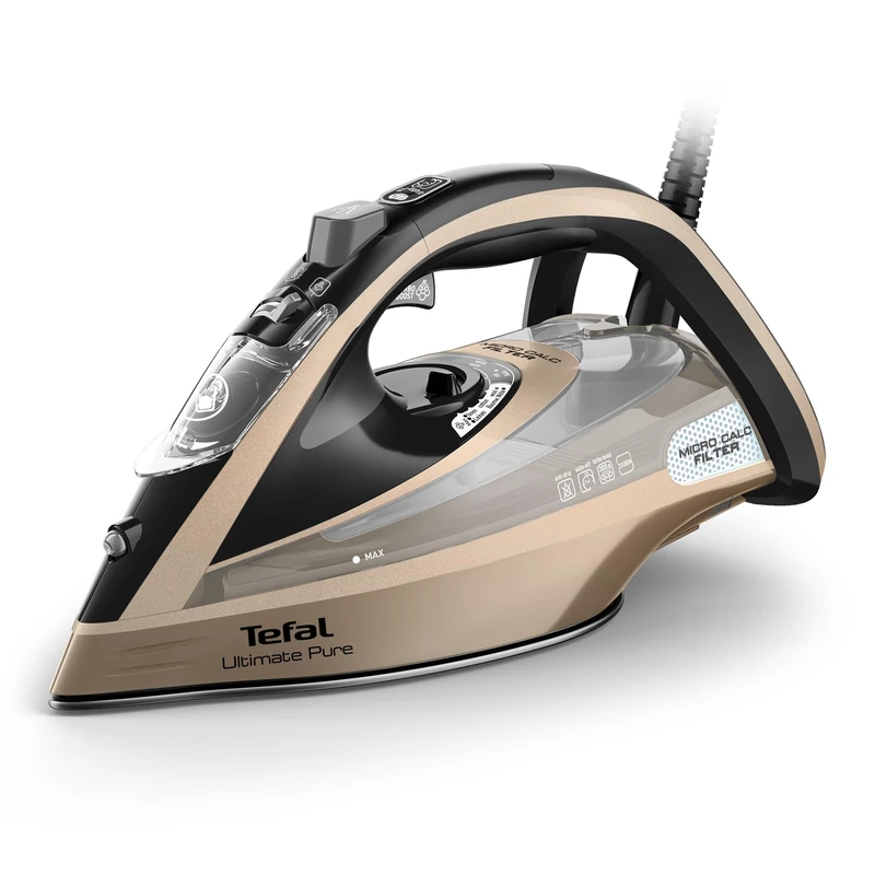 Tefal Ultimate Pure Steam Iron, 3100W, 300g/min Steam Boost, 350ml Water Tank, 2.5m Cord, Non-Stick Durilium Airglide Soleplate, Micro-Calc Filter, Anti Scale, Anti Drip, Black and Bronze FV9854G0
