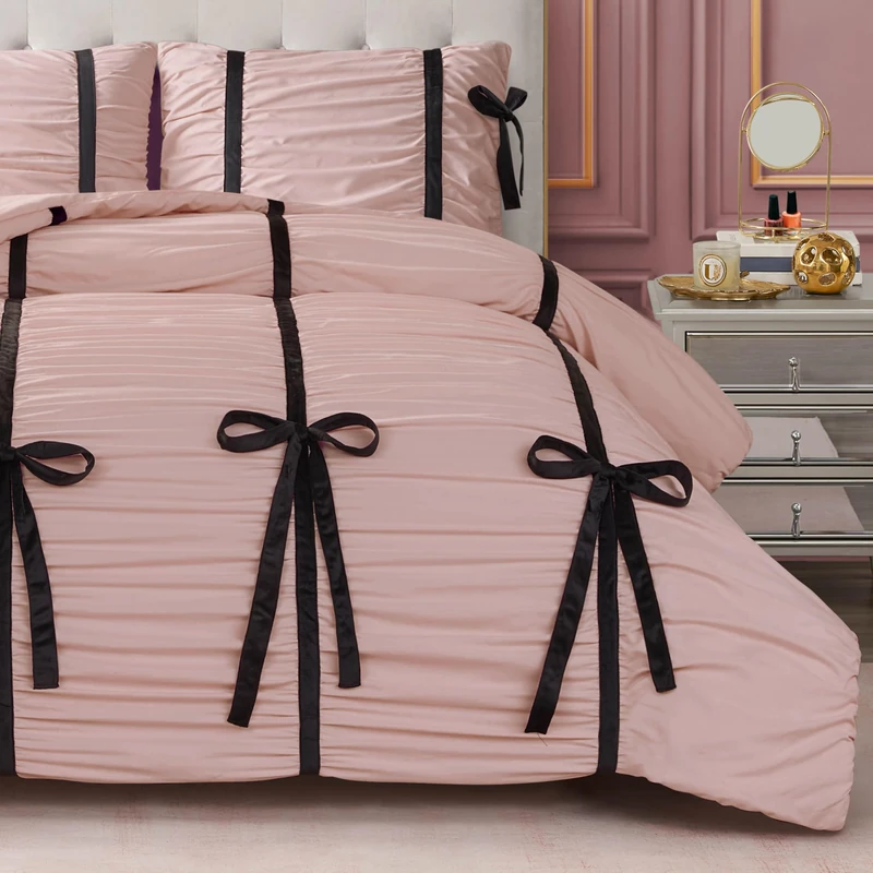 Juicy Couture Light Pink Amelie Velvet Bows Ruched Queen/Full Duvet Set - 3 Piece Stylish Bedding