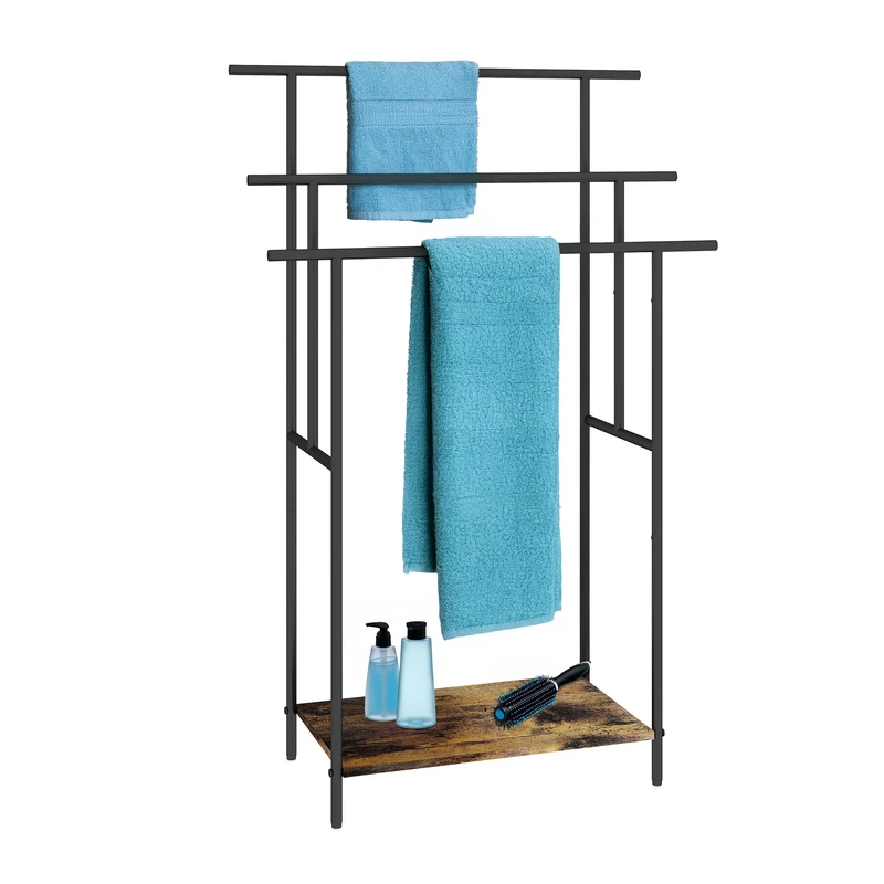 Relaxdays Freestanding Towel Rack with Shelf, Industrial Style, 100x68x30 cm, Brown/Black