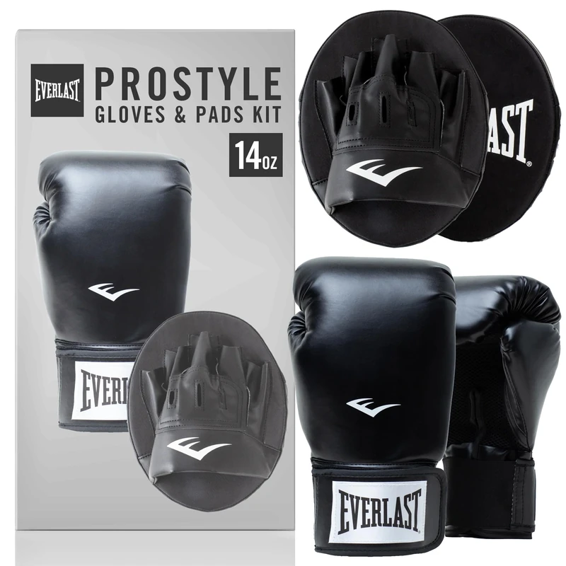 Everlast Prostyle 2 14oz Boxing Gloves and Pads Kit, Black Boxing Gloves for Bags and Mitt Work, Foam-Padded Boxing Pads and Gloves - Authentic Everlast Gear