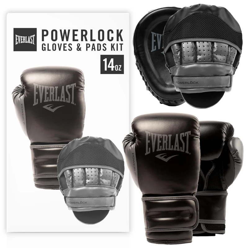Everlast Powerlock 14oz Boxing Gloves and Pads, Black Boxing Gloves for Bags, Mitt Work and Sparring, Secure, Breathable and Durable Boxing Pads and Gloves - Authentic Everlast Gear
