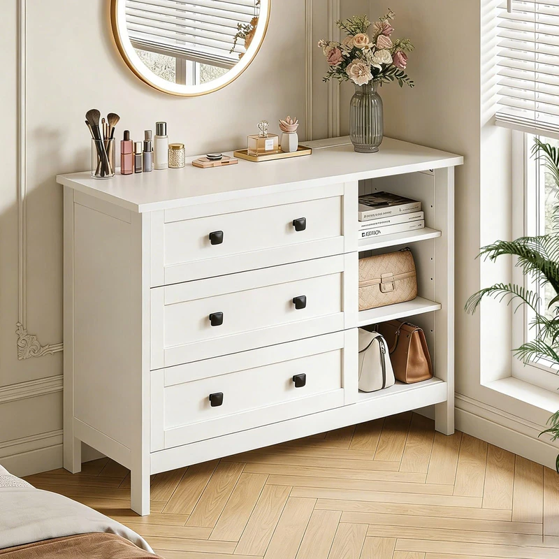 Feonase White Chest of Drawers Bedroom with Charging Station and Open Shelving | Multifunctional Drawer Cabinet for Bedroom and Living Room 90x68x36cm