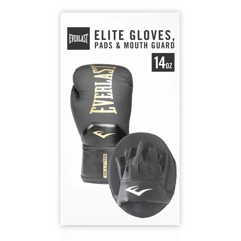 Everlast Elite Boxfit Kit (14oz Boxing Gloves and Pads and Mouth Guard) Gold/Black Boxing Gloves for Bags and Mitt Work and Sparring, Foam-Padded Boxing Pads and Gloves - Authentic Gear - Image 1