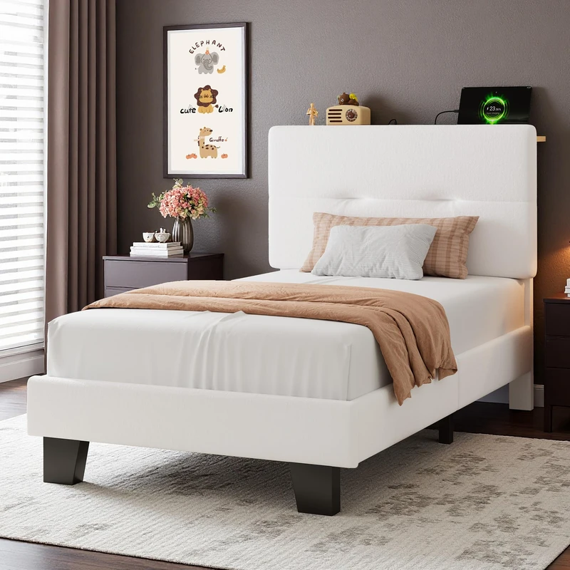 Feonase 3ft Single Bed Frame with Storage Velvet Headboard, Upholstered Single beds with Charging Station, Sturdy Wooden Slat Support, Easy Assembly, Beige