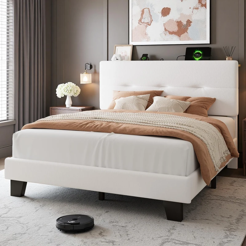 Feonase 4ft Double Bed Frame with Storage Velvet Headboard, Upholstered Bedframe double bed with Charging Station, Sturdy Wooden Slat Support, Easy Assembly, Beige