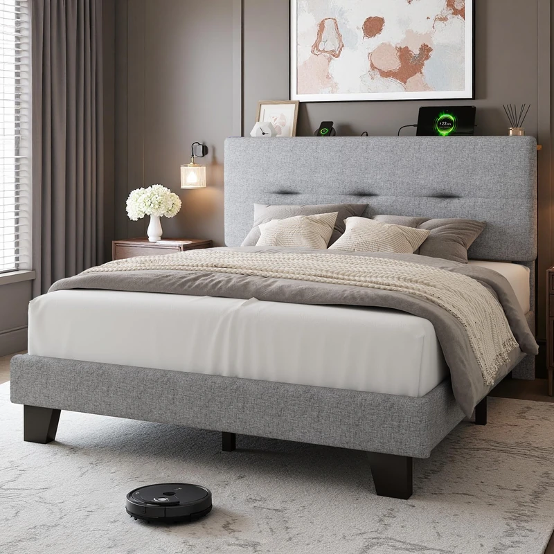 Feonase 4ft Double Bed Frame with Storage Linen Headboard, Upholstered Bedframe double bed with Charging Station, Sturdy Wooden Slat Support, Easy Assembly, Light gray