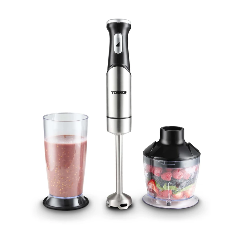 Tower 3-in-1 Hand Blender with 1200W Motor, Pressure Controlled Speed Settings, Stainless Steel Blades, Food Chopper & 800ml Beaker, Stainless Steel, T12099