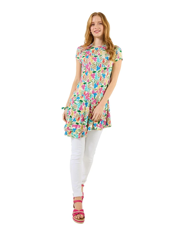 Joe Browns Women's Floral Asymmetric Hem Tunic Top, Regular, White, UK 14