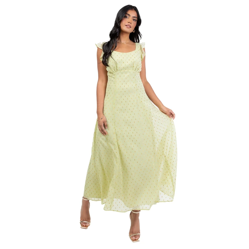 Anaya with Love Women's Midaxi Dress Recycled Ladies Square Neck Flutter Short Sleeve Ruffle Keyhole Tie-Back Gold Metallic A-line, Spring Green 20