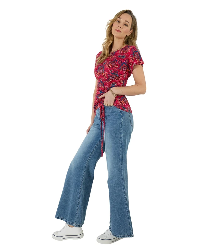 Joe Browns Women's Ruched Side Mandala Print Jersey Top, Regular, Red, UK 8