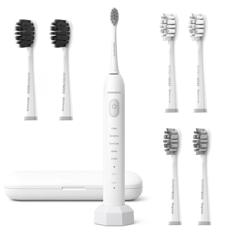 BarberBoss Sonic Electric Toothbrush, Pressure Sensor Toothbrush for Adults, 5 Brushing Modes, Smart Timer, Whitening & Gum Care, Travel Case, Portable Electric Toothbrush