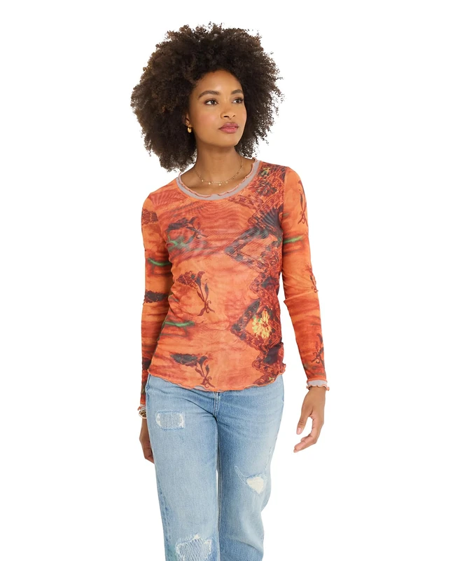 Joe Browns Women's Mock Layer Printed Mesh Top, Regular, Orange, UK 14 - Image 1