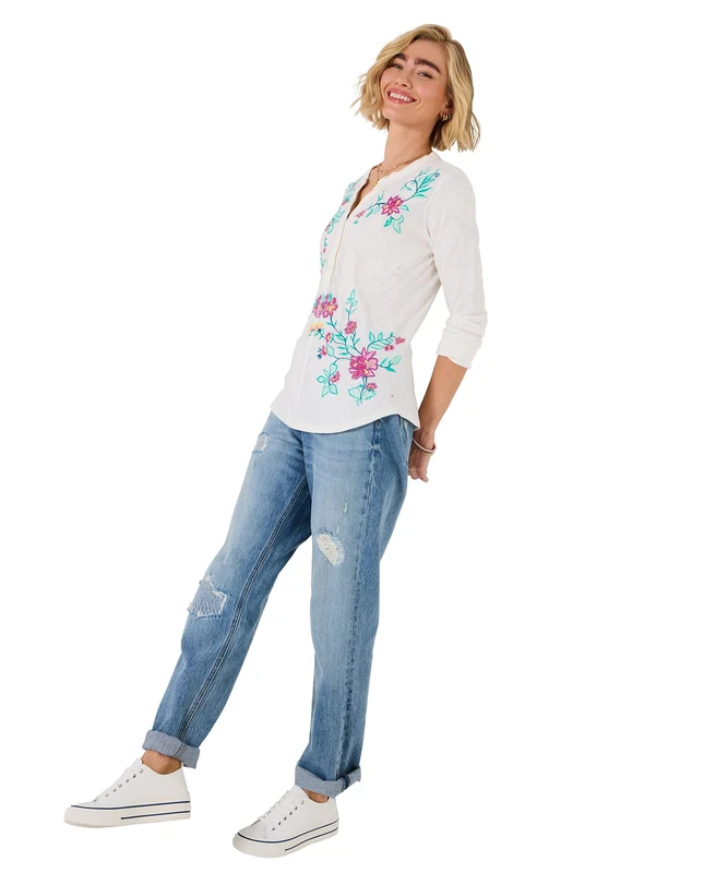 Joe Browns Women's Embroidered Floral Jersey Henley Top, Regular, White, UK 24