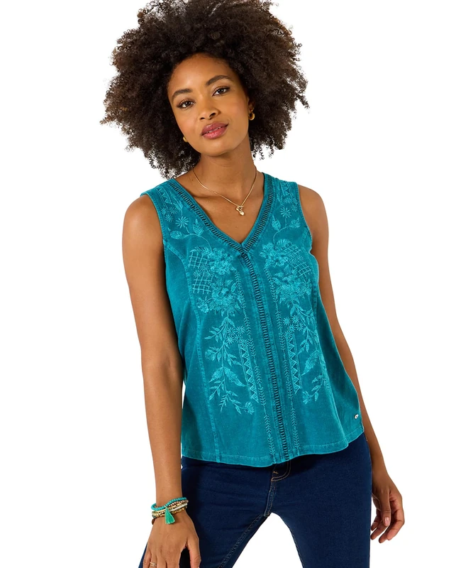 Joe Browns Women's Floral Embroidered V Neck Vest, Regular, Blue, UK 12