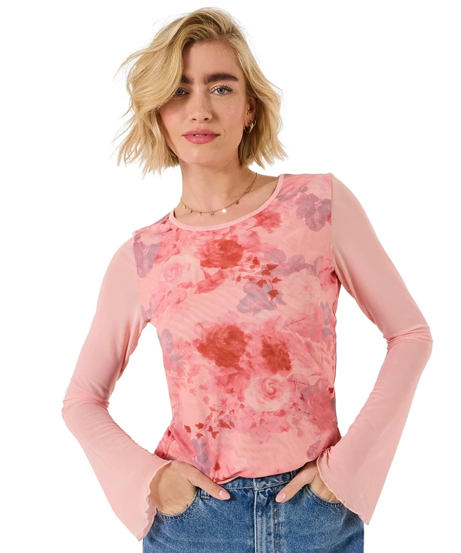 Joe Browns Women's Rose Print Long Sleeve Mesh Top, Regular, Pink, UK 10