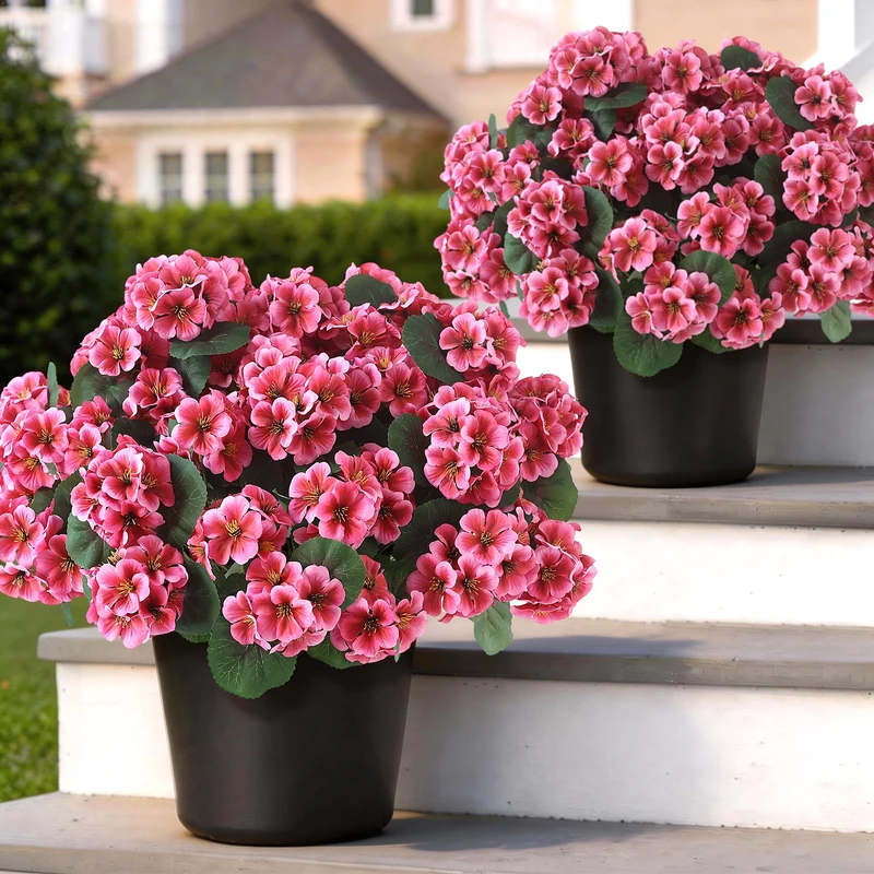 2Pcs 18" Artificial Geranium Flower Topitary Tree for Outdoor(Peach Red)
