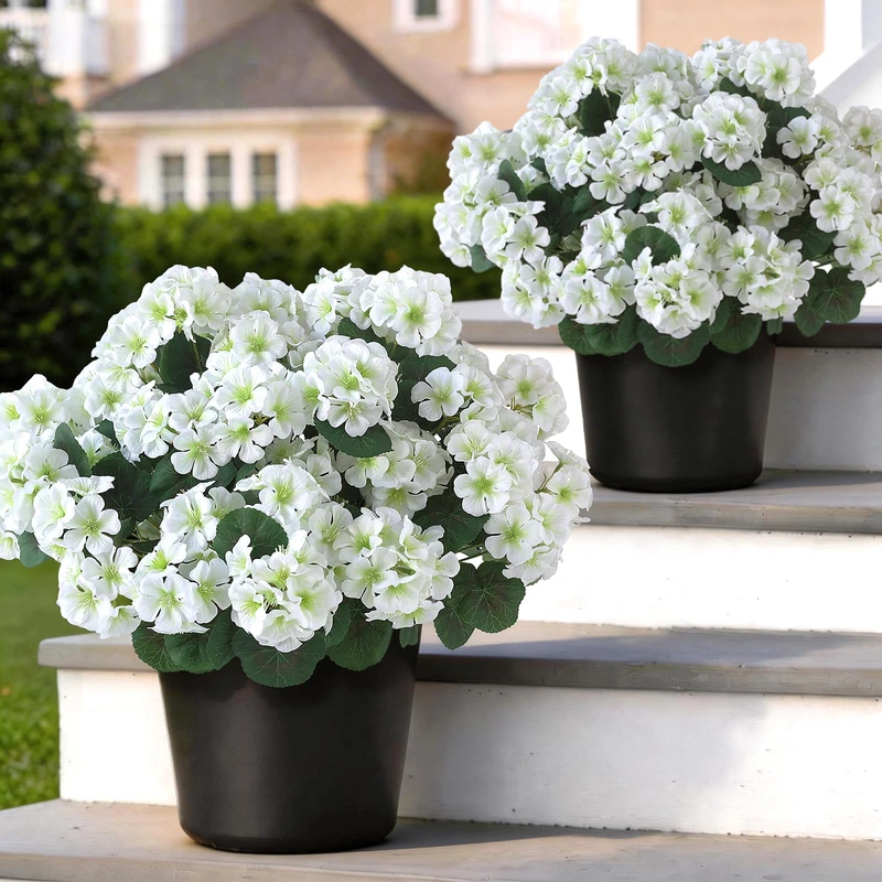2Pcs 18" Artificial Geranium Flower Topitary Tree for Outdoor (White)