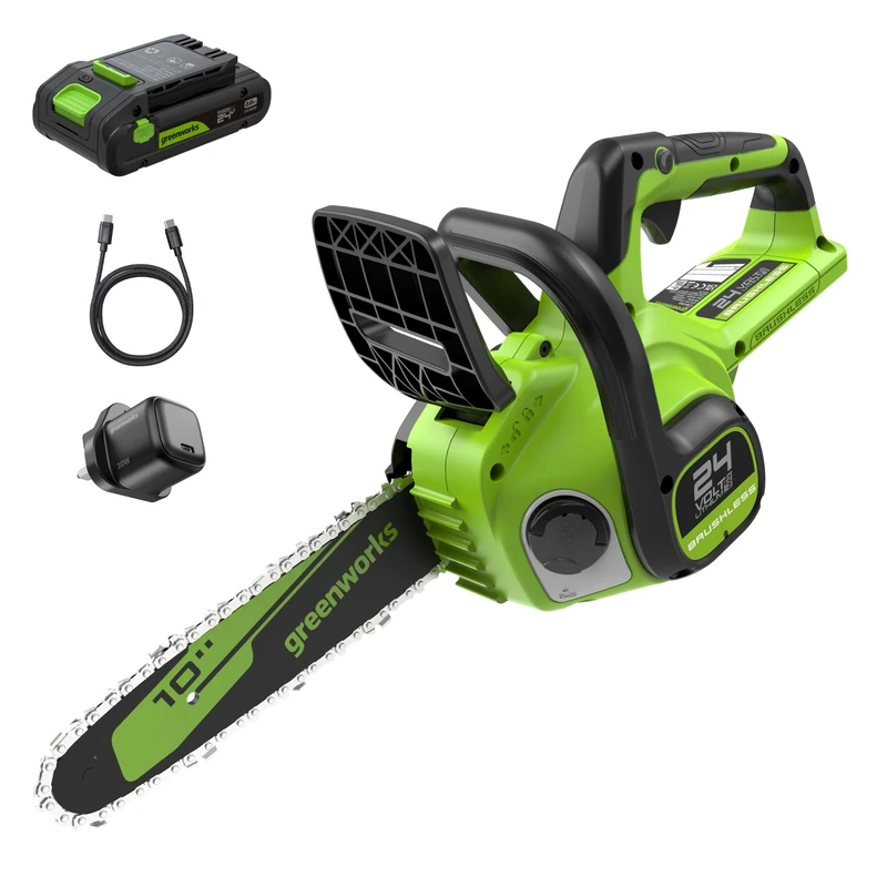 Greenworks 24V 10in Cordless Chainsaw, 25cm Brushless Electric Battery Chainsaw with Automatic Oiler, 7.8m/s Chain Speed, Tool only