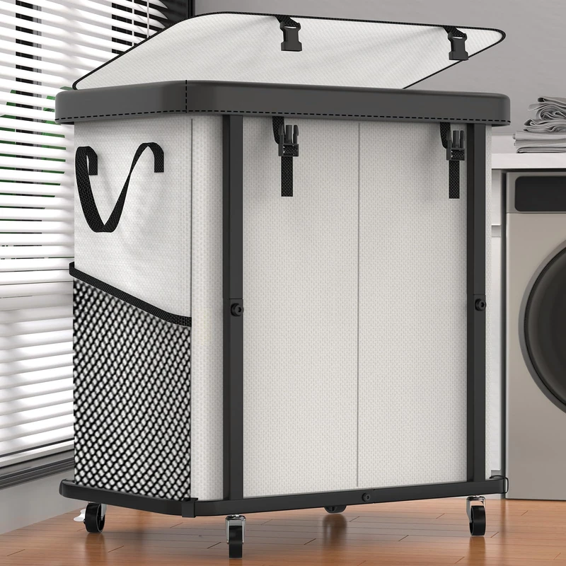 190L (50 Gal) Large Fashion Laundry Basket with Wheels, Leather Patchwork Rolling Hamper Carts, Sturdy Metal Frame, Removable Washable Bag, Tall Clothes Sorter for Bedroom - 2 Setion Beige