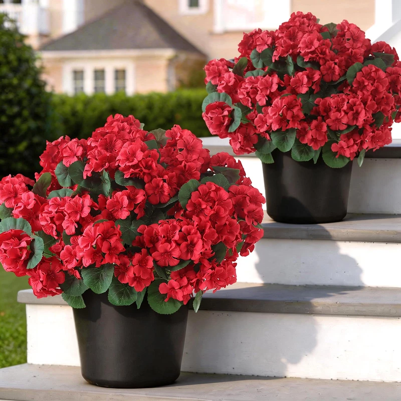 2Pcs 18" Artificial Geranium Flower Topitary Tree for Outdoor (Red)