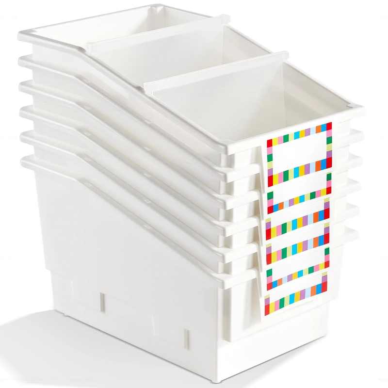 6 Pack Picture Book Bins with Dividers Plastic Book Holders with Labels Stackable Classroom Organization Bins Magazine File Binder Holder Storage Container for Classroom Library Home Office(White)