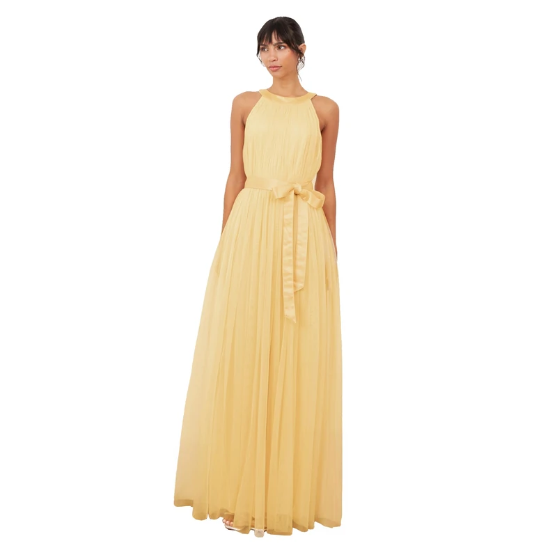 Anaya with Love Ladies Maxi Dress for Women Halter Neck Long Sleeveless with Belt A Line Evening Gown Ball Prom Wedding Guest Bridesmaid, Butter Yellow 24