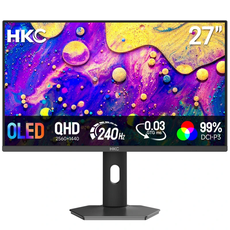 HKC 27 Inch QHD(2560x1440) OLED Gaming Monitor,240Hz 0.03ms,99% DCI-P3,Eye Care,HDR True Black 400,VESA 100×100mm,Height/Tilt Adjustment for Ergonomic Viewing, HDMI 2.1 & DP 1.4,Grey