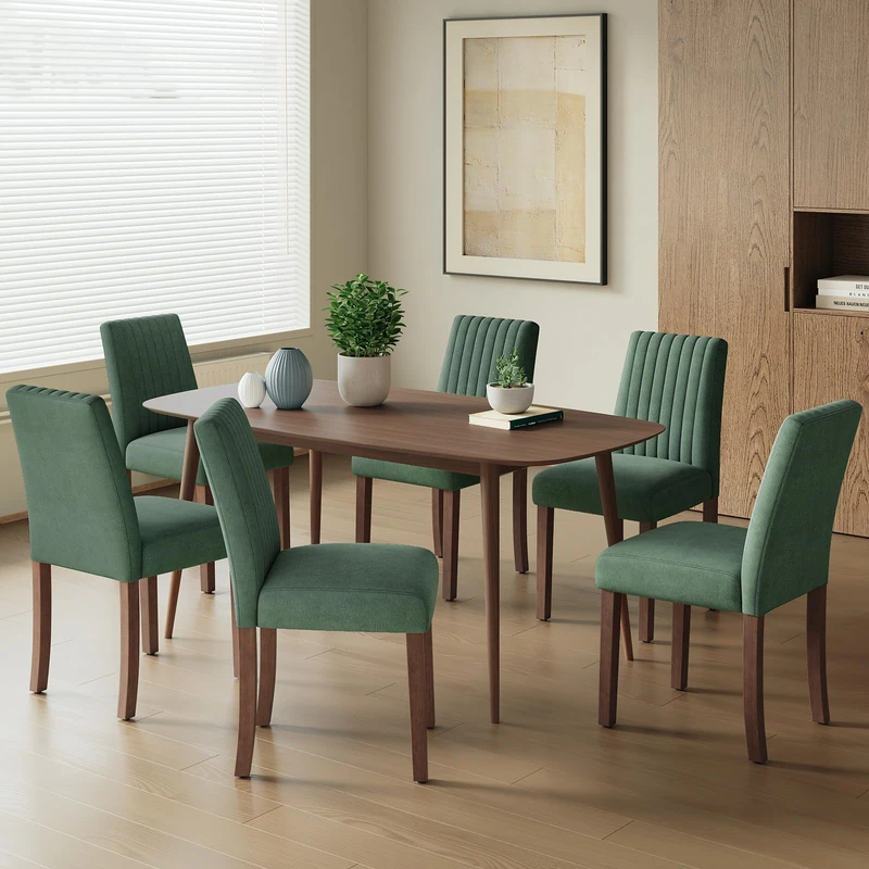 COLAMY Dining Chairs Set of 6 with Thick Seat Cushion, Fabric Chairs for Dining Room with Wood Legs and Ergonomic High Back, Upholstered Kitchen Chair with Anti-Slip Pads, Green
