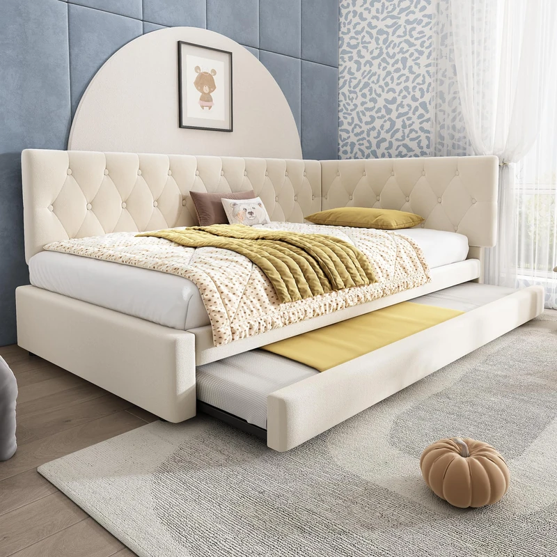 Ball & Cast 3ft Single Daybed with Pull-Out Bed, Functional Upholstered Bed, Velvet Single Bed Frame Sofa Beds Guest Beds for Adults, Teenagers and Children, No Mattress, Beige, 90x190 cm