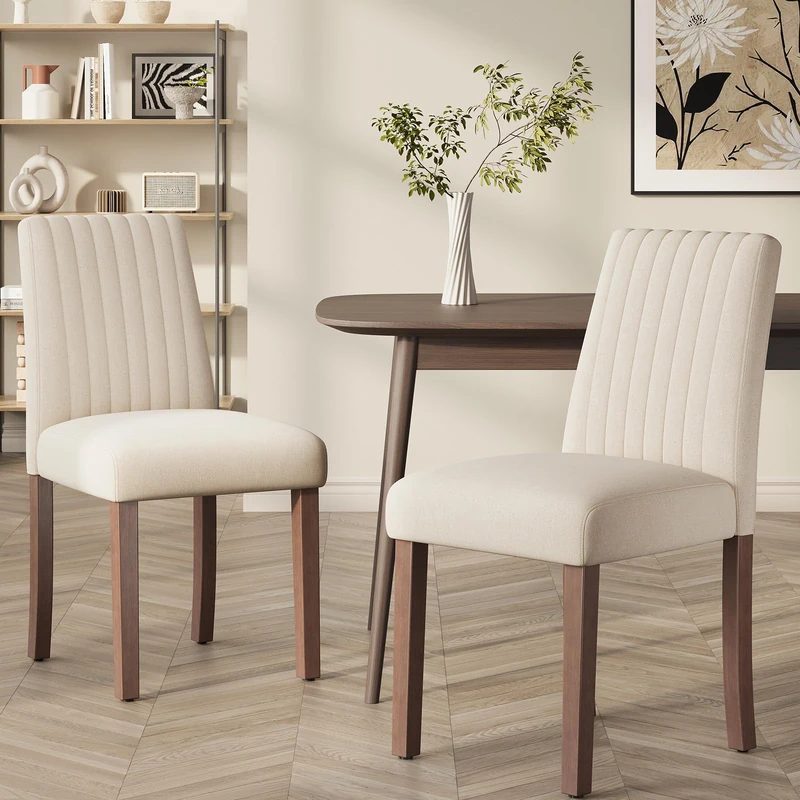 COLAMY Dining Chairs Set of 2 with Thick Seat Cushion, Fabric Chairs for Dining Room with Wood Legs and Ergonomic High Back, Upholstered Kitchen Chair with Anti-Slip Pads, Beige