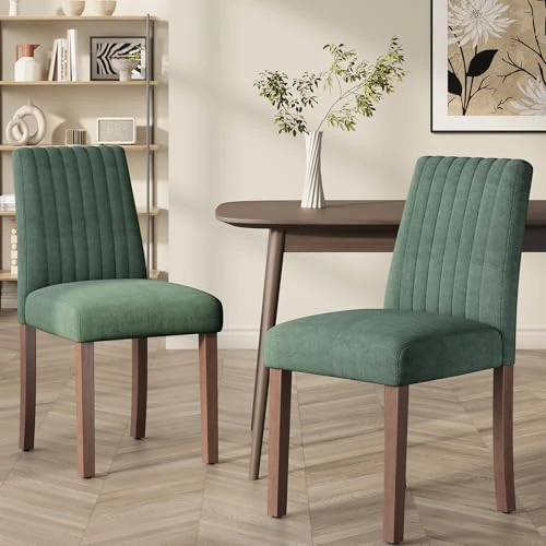 COLAMY Dining Chairs Set of 2 with Thick Seat Cushion, Fabric Chairs for Dining Room with Wood Legs and Ergonomic High Back, Upholstered Kitchen Chair with Anti-Slip Pads, Green
