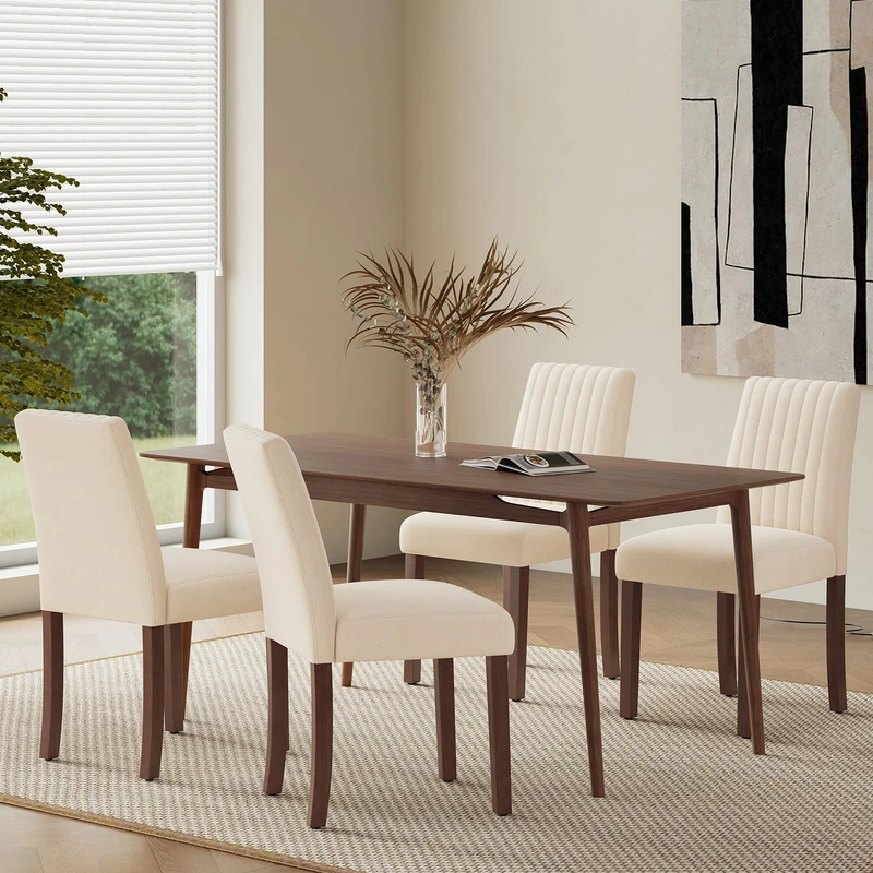 COLAMY Dining Chairs Set of 4 with Thick Seat Cushion, Fabric Chairs for Dining Room with Wood Legs and Ergonomic High Back, Upholstered Kitchen Chair with Anti-Slip Pads, Beige