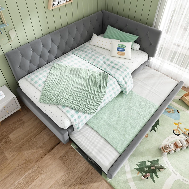 Ball & Cast 3ft Single Daybed with Pull-Out Bed, Functional Upholstered Bed, Velvet Single Bed Frame Sofa Beds Guest Beds for Adults, Teenagers and Children, No Mattress, Grey, 90x190 cm