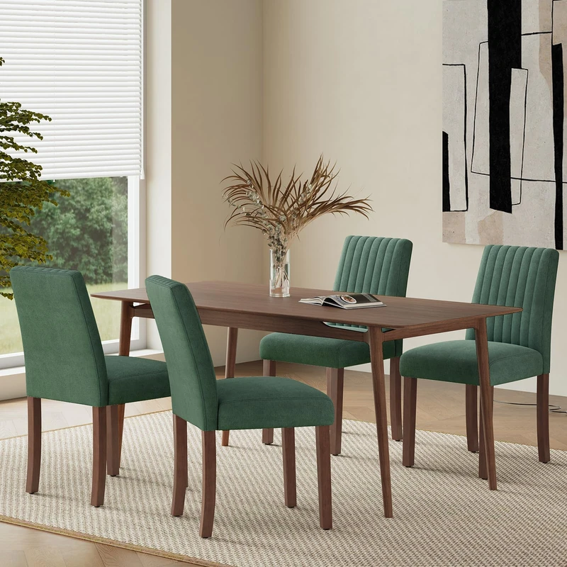 COLAMY Dining Chairs Set of 4 with Thick Seat Cushion, Fabric Chairs for Dining Room with Wood Legs and Ergonomic High Back, Upholstered Kitchen Chair with Anti-Slip Pads, Green