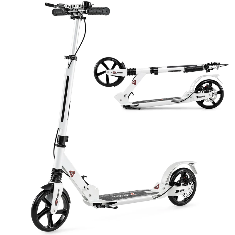 GYMAX Folding Kick Scooter, Adjustable Handlebars Adult Scooters with Big Wheels & Carrying Strap, Lightweight Scooter for Teens & Adults Ages 8+ (White)
