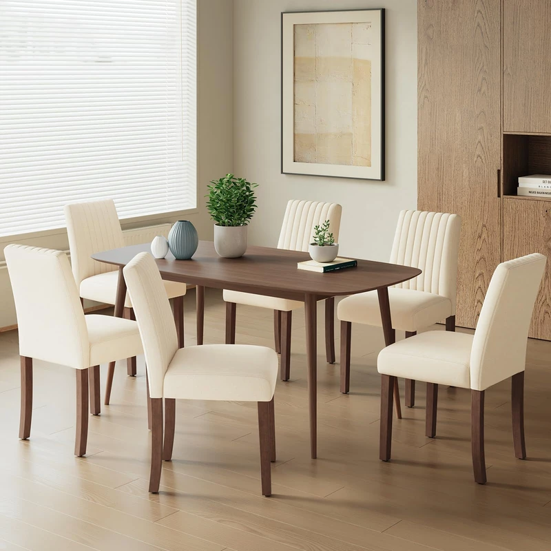 COLAMY Dining Chairs Set of 6 with Thick Seat Cushion, Fabric Chairs for Dining Room with Wood Legs and Ergonomic High Back, Upholstered Kitchen Chair with Anti-Slip Pads, Beige