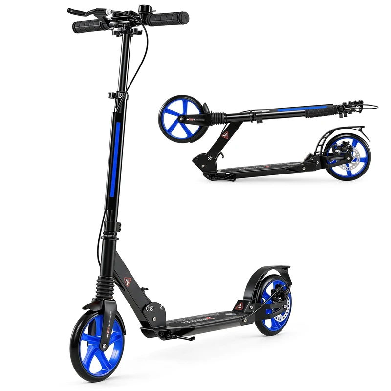 GYMAX Folding Kick Scooter, Adjustable Handlebars Adult Scooters with Big Wheels & Carrying Strap, Lightweight Scooter for Teens & Adults Ages 8+ (Blue)