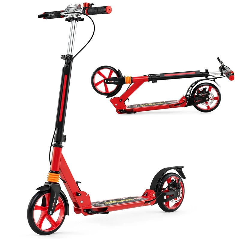 GYMAX Folding Kick Scooter, Adjustable Handlebars Adult Scooters with Big Wheels & Carrying Strap, Lightweight Scooter for Teens & Adults Ages 8+ (Red)