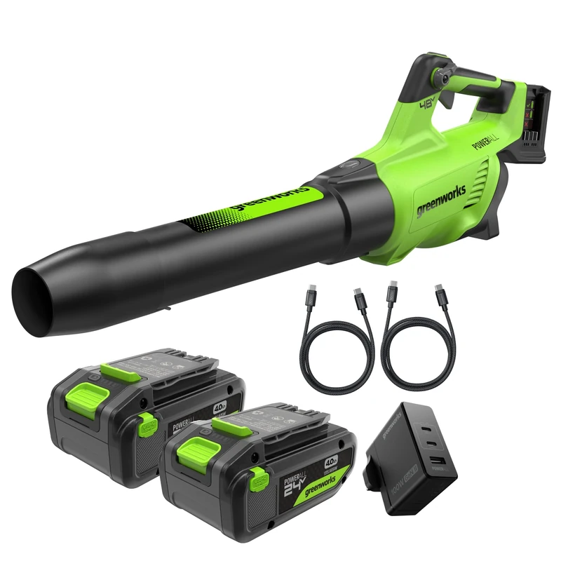 Greenworks 48V(24V x 2) Axial Leaf Blower with Brushless Motor, Turbo Function, 217km/h, 16.4m³/min, PLUS Two of 24V 4Ah Batteries & Charger, 3 Year Guarantee BL48L420-01
