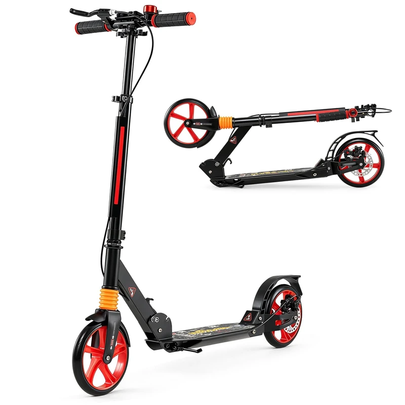GYMAX Folding Kick Scooter, Adjustable Handlebars Adult Scooters with Big Wheels & Carrying Strap, Lightweight Scooter for Teens & Adults Ages 8+ (Black)