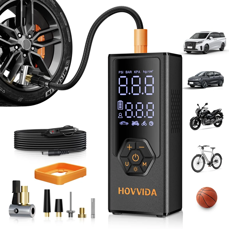 HOVVIDA Tyre Inflator Portable Air Compressor, Car Tyre Inflator, 7800 mAh Battery, 12V DC, 150 PSI, 40L/min Air Flow, Fast Inflation, Portable pump for MPV, SUV, Car, Motorcycle, Bike, Ball