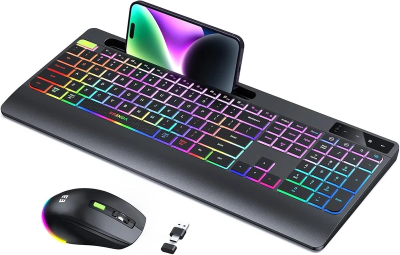 seenda Wireless Backlit Keyboard and Mouse, Rechargeable 2.4G USB A & Type C Ergonomic Set with Rainbow Backlight and Wrist Rest, Black