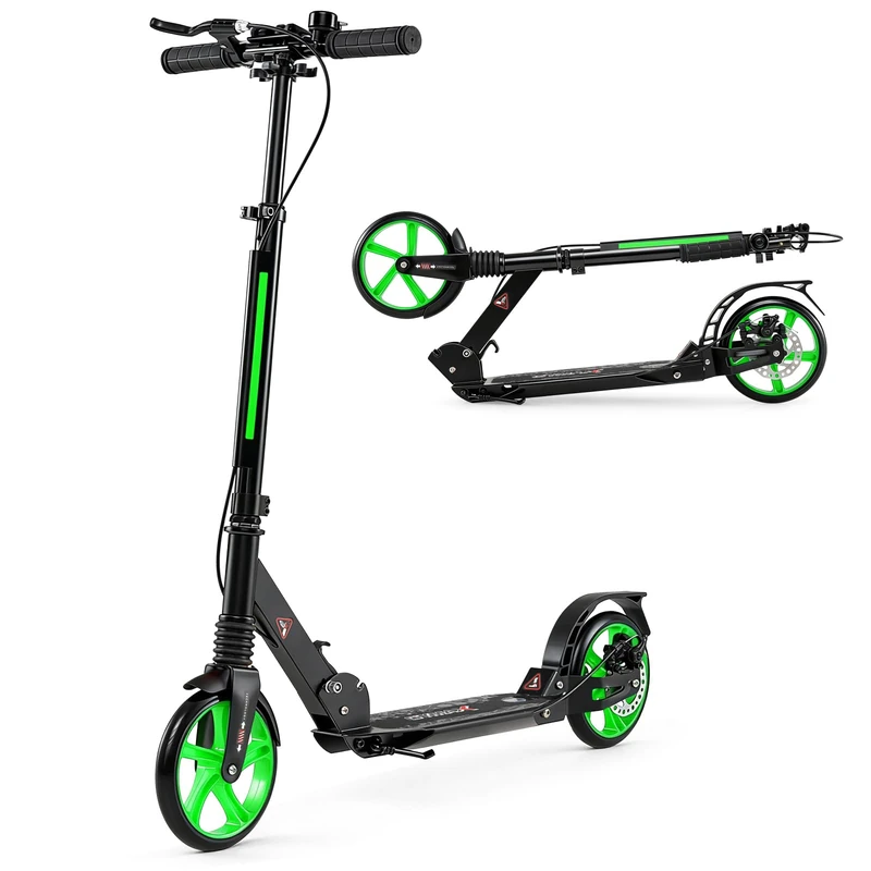 GYMAX Folding Kick Scooter, Adjustable Handlebars Adult Scooters with Big Wheels & Carrying Strap, Lightweight Scooter for Teens & Adults Ages 8+ (Green)