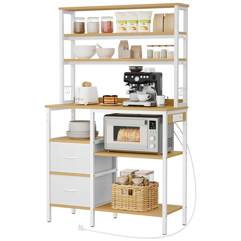 YITAHOME Bakers rack with power outlet, 2 AC outlets 2 USB ports, Coffee Bar station, Baker's Rack with 2 Drawers and 4 Hooks, microwave shelf, for oven, 39.3 x 15.7 x 66 inch, Oak and White